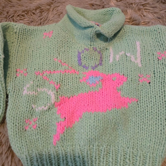 Vintage VTG Toddlers Kids Size 2T Obermeyer Green Knit Snow Bunny Sweater - Picture 2 of 4